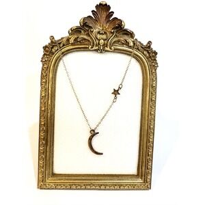 Gold Tone Celestial Crescent Moon and Star Asymmetrical Charm Necklace 24 Inch